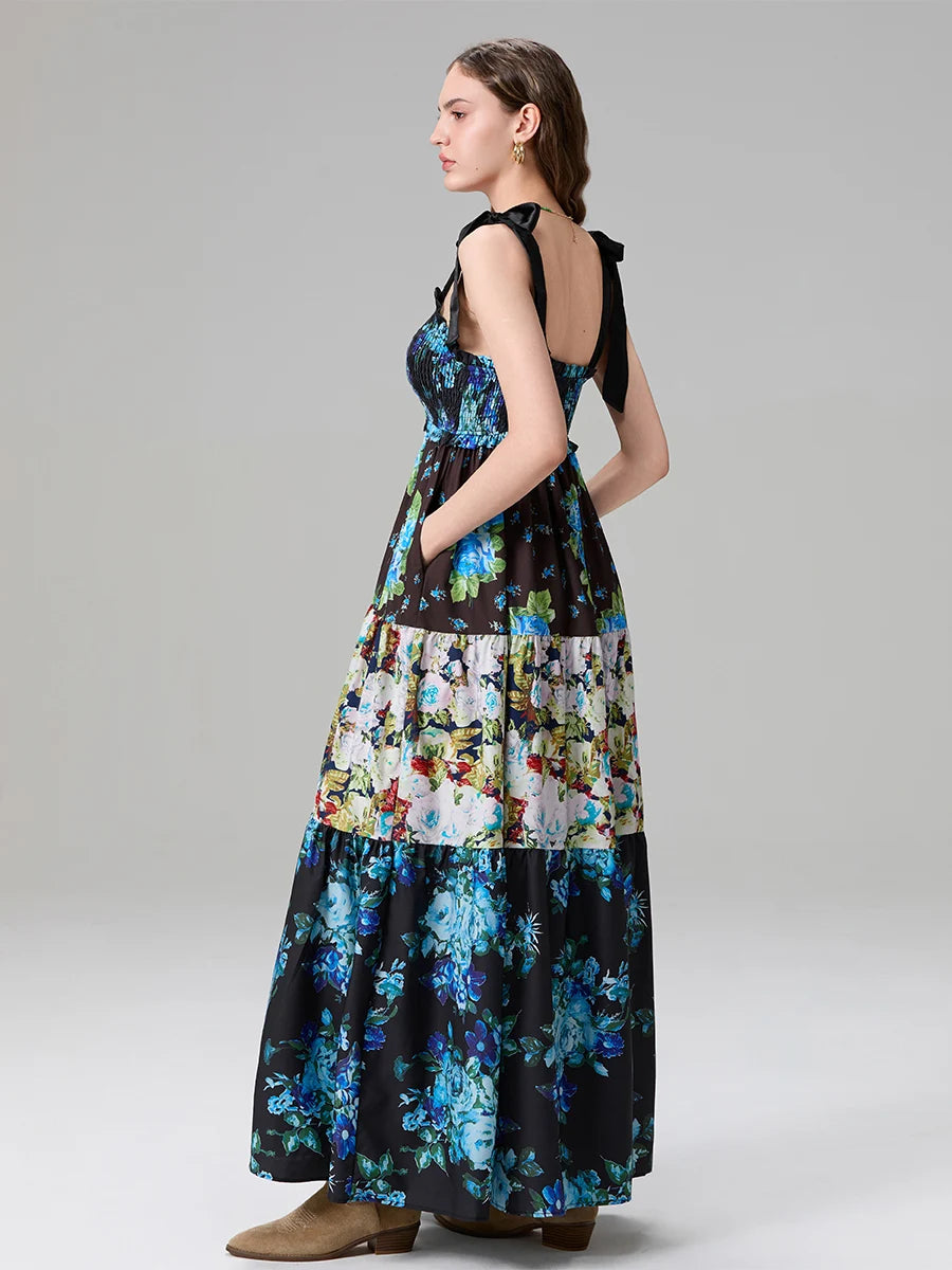Combhasaki Women's Y2K Vintage Floral Print Ribbon Tie-Up Shoulder Straps Sleeveless V-Neck Summer Big Swing A-line Long Dress