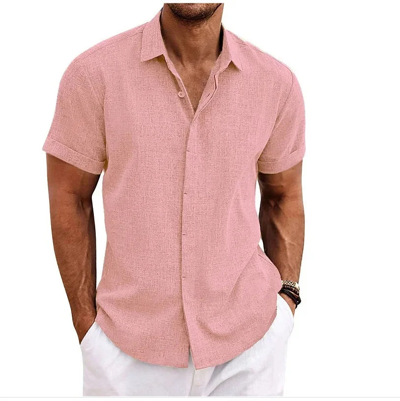 High Quality Cotton Linen Double Placket Men's Cardigan Short Sleeves Summer Home Use Lapel Shirt Cross-Border Style
