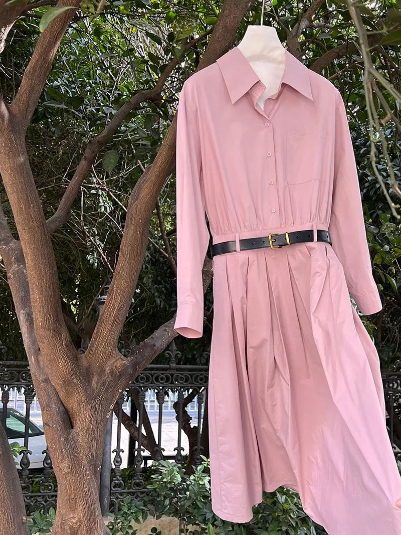 Polo‘s Collar Shirt Dress Women Spring Slimming Long Dress With A Cinched Waist Blue / Pink