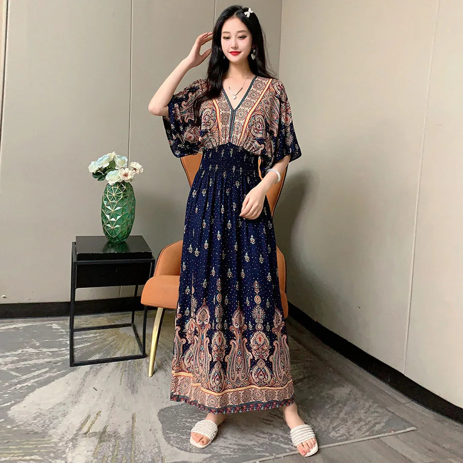 V-neck Large Skirt Hem Casual Sweet Holiday Long Dress Bat Sleeves Elastic Waist Bohemian Print Floral Elegant Dresse For Women