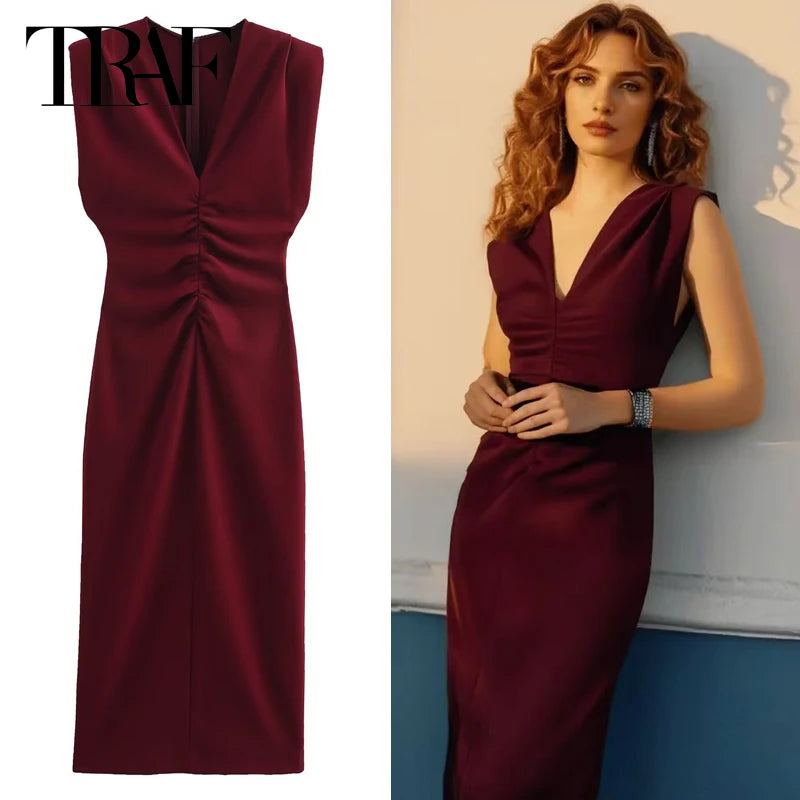 TRAF Women's Red Dress Summer Dresses 2025 Elegant Party Dresses Casual Evening Prom Dress Ruffled Sleeveless Vestido Long Dress
