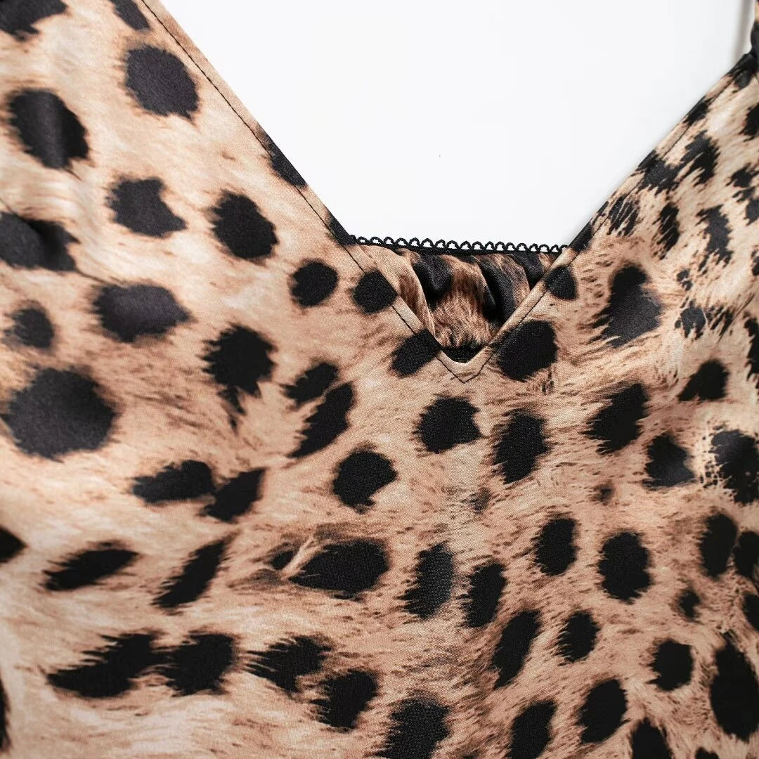 TRAF Women Fashion Summer New Underwear Backless Satin Texture Leopard Print Long Dress Chic Female French Elegance Evening