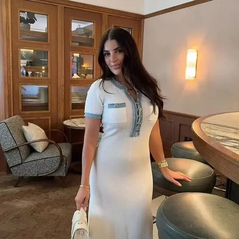 European and American style denim stitching knitted short-sleeved dress women's new high-end design long dress