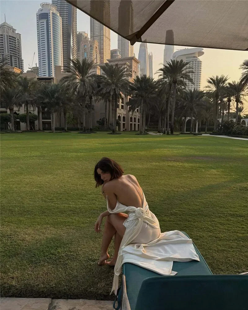 2025 Satin Backless Sexy Long Dress for Women Elegant Rose Thigh High Waist Beach Holiday Gorgeous Club