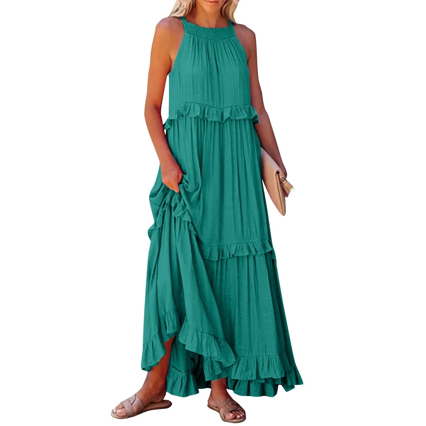Women's Ruffled hem layered long dresses Summer Sleeveless backless dress Fashion Long Dress Big Swing Beach Dress vestidos