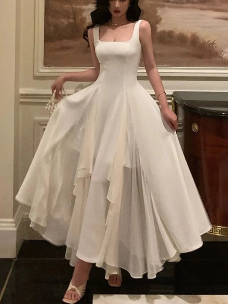 Summer Solid Elegant Camisole Long Dress Women Sweet Sleeveless A-Line Ruffles Fairy Dress Female Evening Party Vestidos Largos