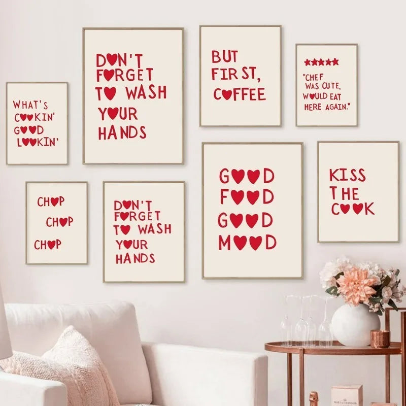 Aesthetic Kitchen Alphabet Wall Art Red Love Phrase Cute Cooking Poster New Wave Simple Canvas Painting Home Kitchen Decoration
