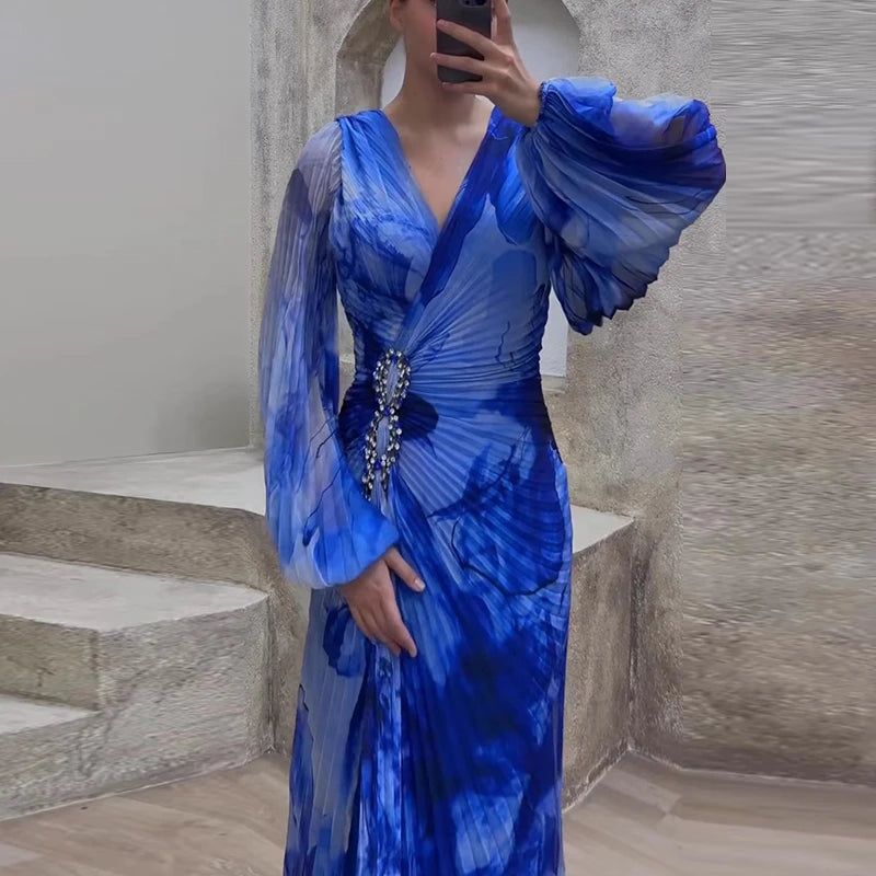 Casual Lantern Long Sleeve Big Hem Long Dress Vintage Tie-dye Print Pleated Party Dress Women Sexy Deep V-neck Waist Split Dress