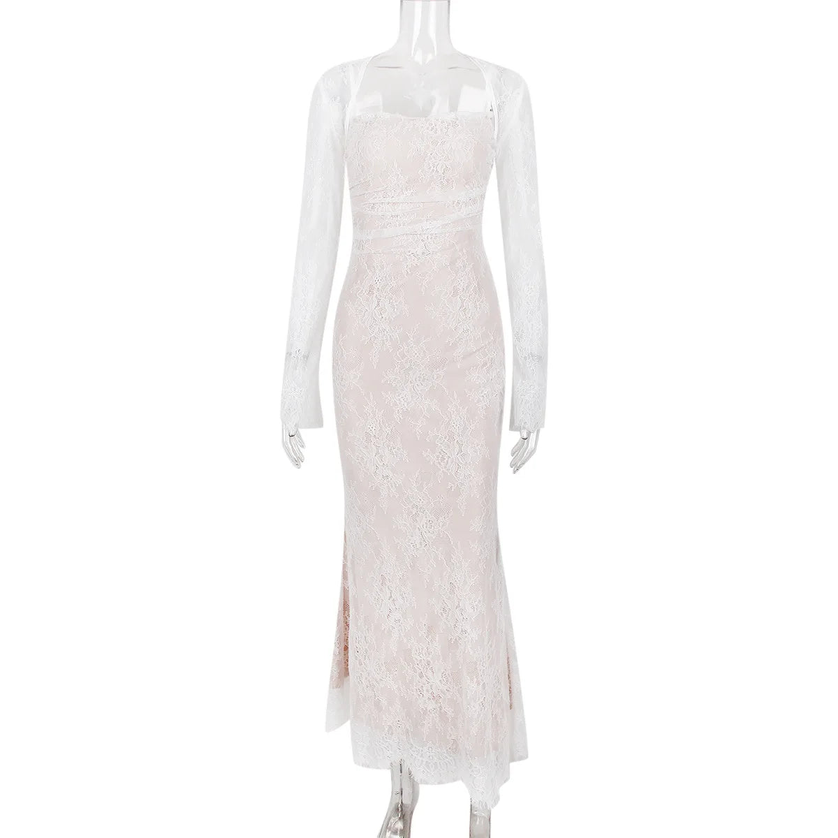 Mozision Elegant Lace Print Maxi Dress Set Women Fashion Spaghetti Strap Long Sleeve Bodycon Club Party Sexy Long Dress