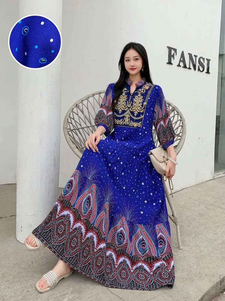 Summer Autumn Robe Maxi Long Dress Women Indian Clothes Boho Cotton Print Floral Boho Korean Style Fashion Casual Vestido Largos