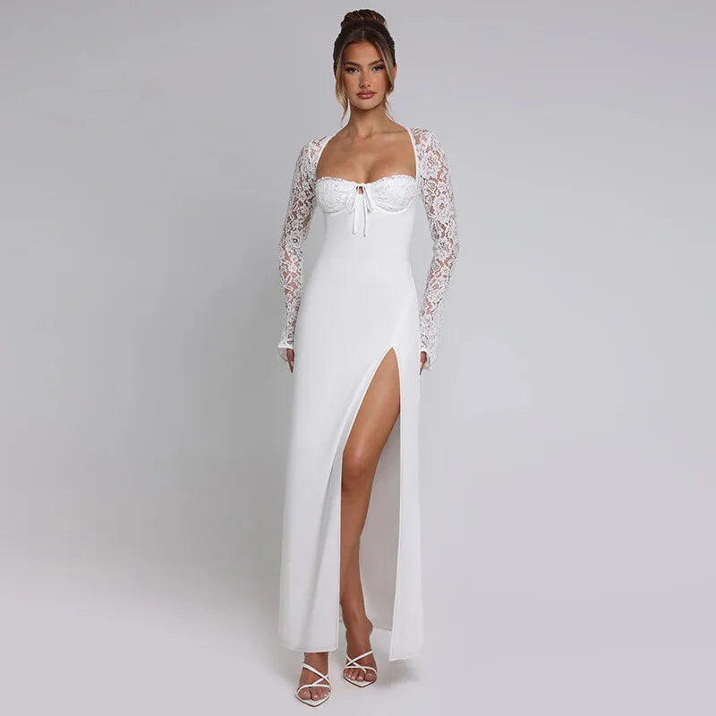 Mozision Lace Long Sleeve Sexy Maxi Dress Women Autumn New Square Collar Backless Lace-up High Split Sexy Club Party Long Dress