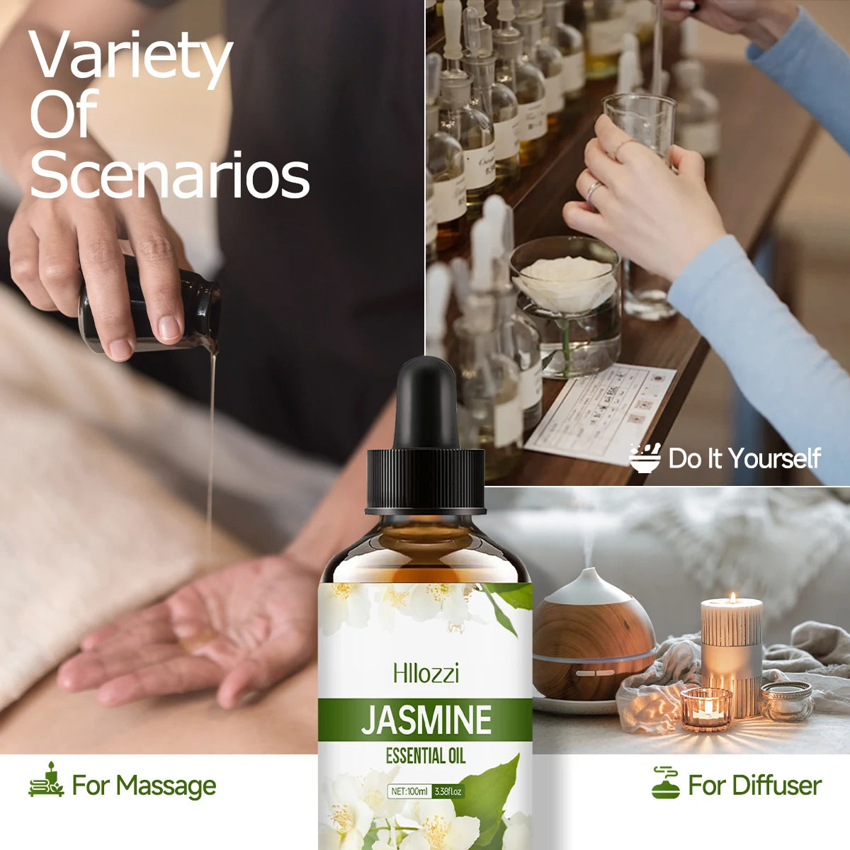 Jasmine essential oil for body massage, aromatherapy diffuser, facial skin care, spa, long-lasting fragrance.