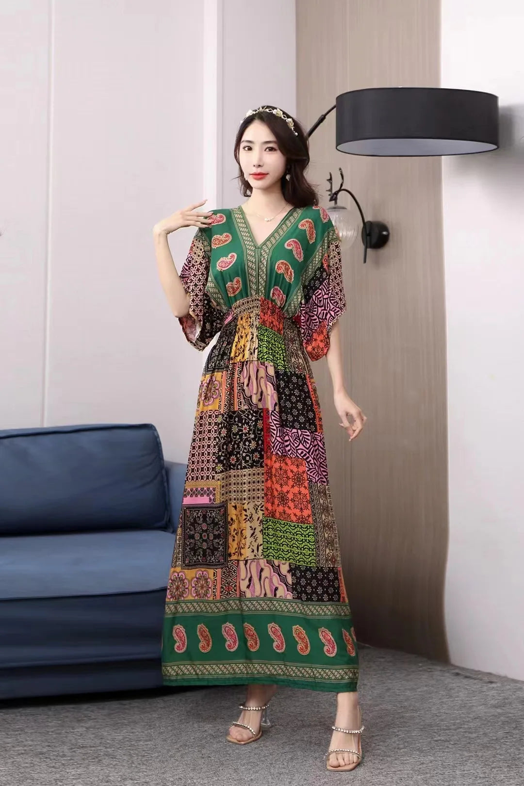 V-neck Large Skirt Hem Casual Sweet Holiday Long Dress Bat Sleeves Elastic Waist Bohemian Print Floral Elegant Dresse For Women