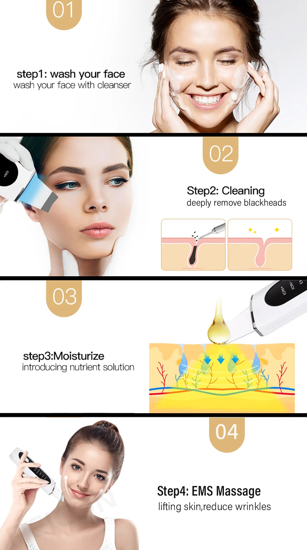 Ultrasonic Skin Scrubber Peeling Acne Blackhead Remover Ultrasonic EMS Ion Acne Pore Face Deep Cleaning Facial Shovel Cleaner