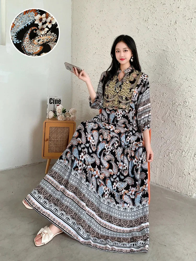 Summer Autumn Robe Maxi Long Dress Women Indian Clothes Boho Cotton Print Floral Boho Korean Style Fashion Casual Vestido Largos