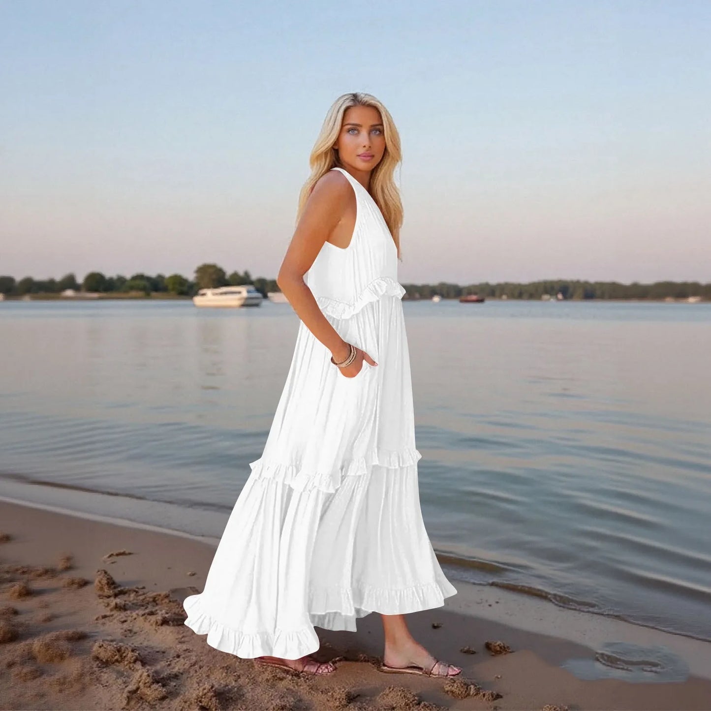 Women's Ruffled hem layered long dresses Summer Sleeveless backless dress Fashion Long Dress Big Swing Beach Dress vestidos