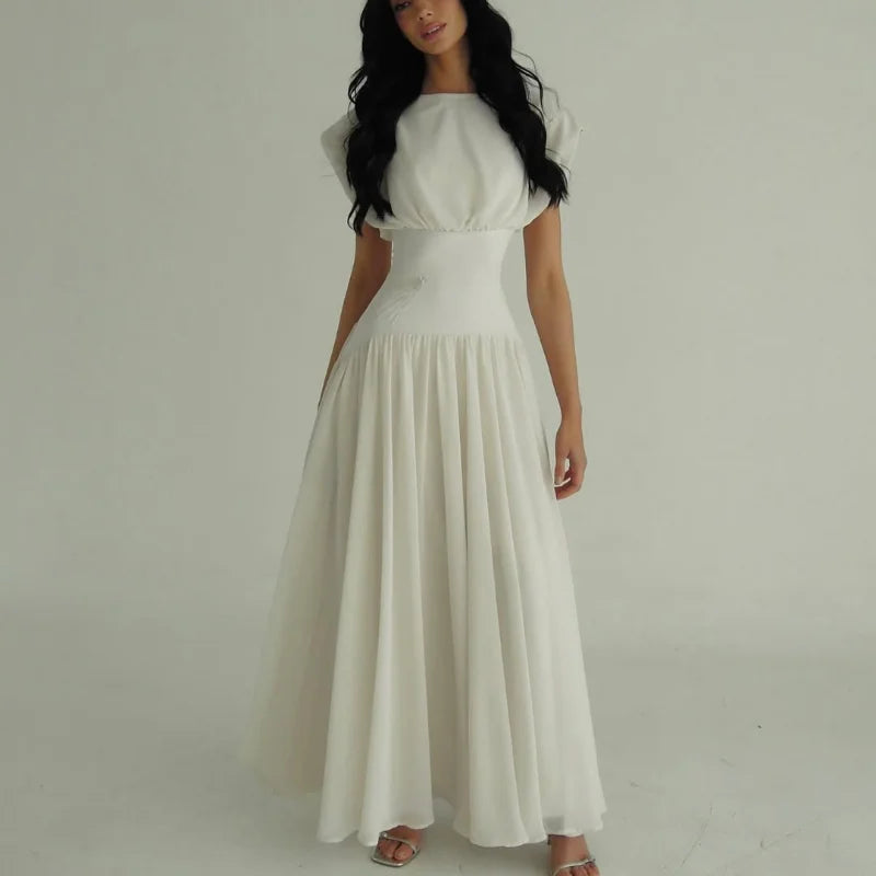 Elegant Sleeveless Girdling Long Dress Women O-neck High Waist Solid A-line Long Big Swing Dresses 2025 Summer Holiday Lady Robe
