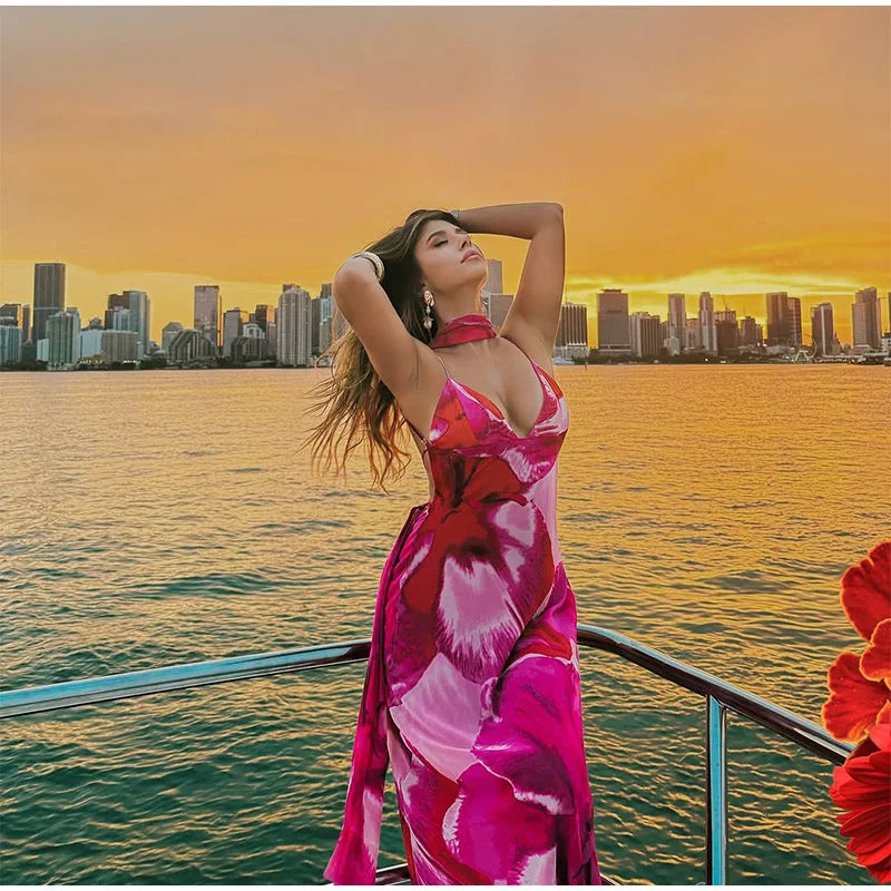 Elegant Printed Tighte Waist Women's Long Dress V-neck Slim A-line Robe 2025 Summer Beach Holiday Style Female's Long Dresses