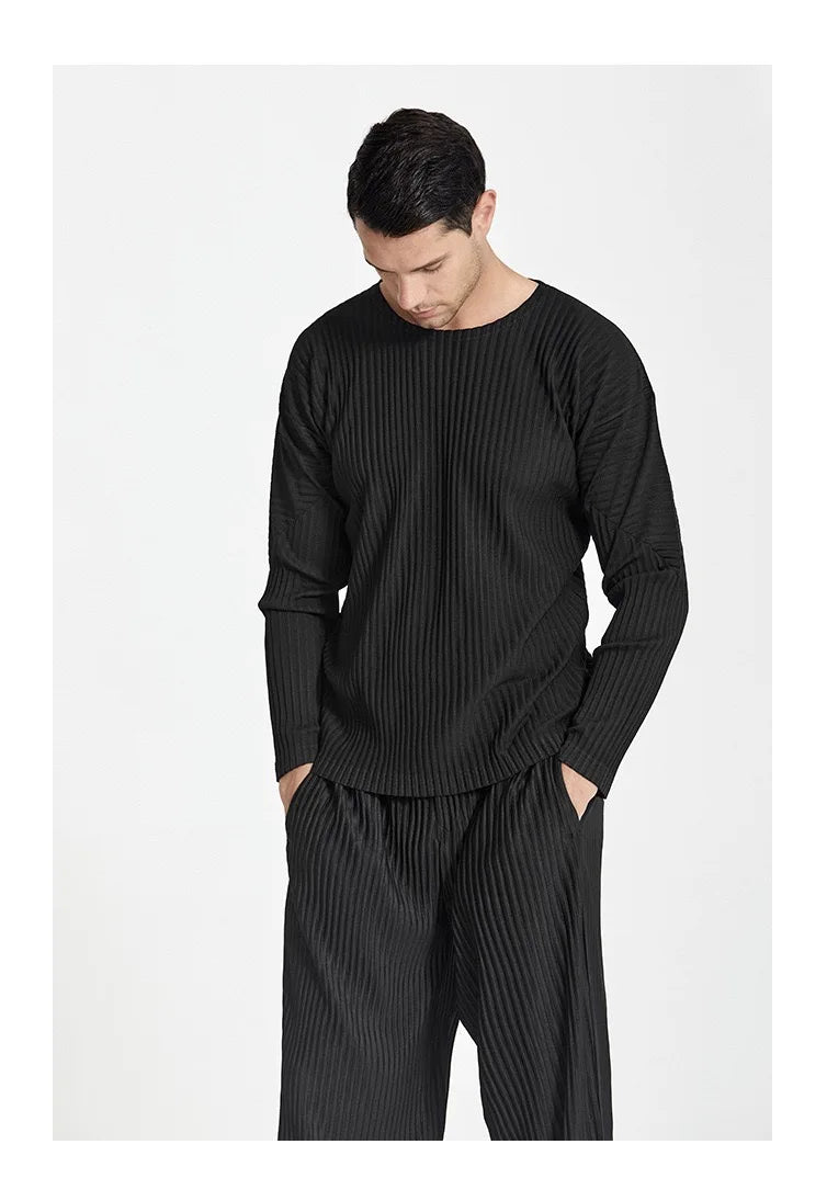 Pleats Original Pleated T-shirt 2024 Spring And Summer New Long-sleeved Round Neck Men's Tops Round Neck T-shirt Casual Clothing