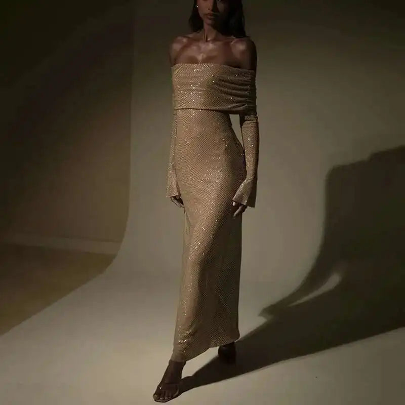 Townlike Elegant Off Shoulder Maxi Long Dress Women 2023 Autumn Winter Dress Sparkle Glittar Nightclub Sexy Party Dresses