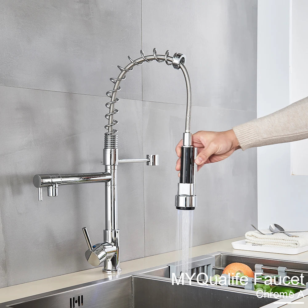 Black Pull Down Kitchen Sink Faucet Hot Cold Water Mixer Crane Tap with Dual Spout 360 Rotation High Faucet Deck Mounted