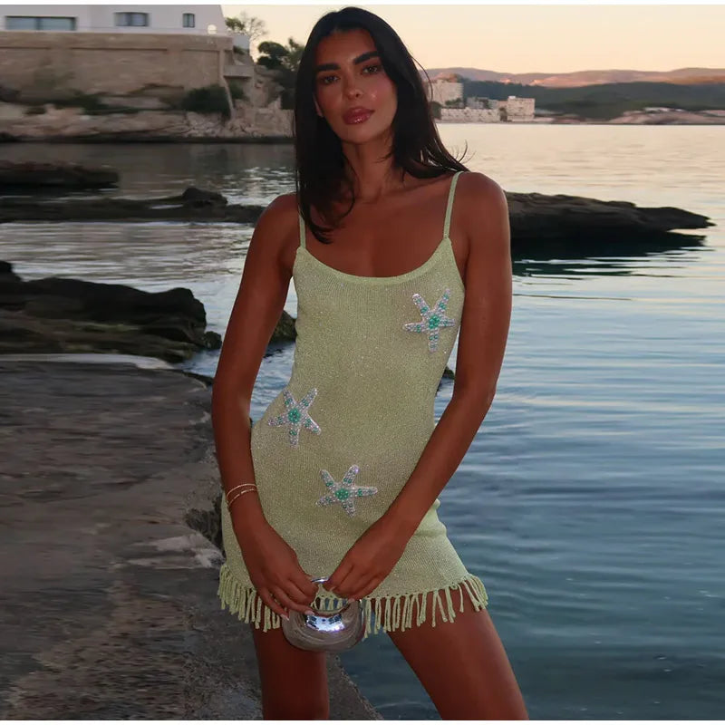 Star Pattern Knitted Sequins Long Dress Women Sleeveless O-neck Solid 2025 Summer Fashion Slim Dresses Vacation Party Vestidos