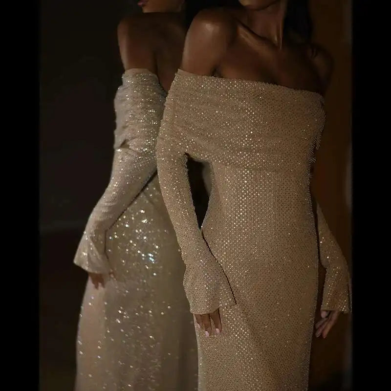 Townlike Elegant Off Shoulder Maxi Long Dress Women 2023 Autumn Winter Dress Sparkle Glittar Nightclub Sexy Party Dresses