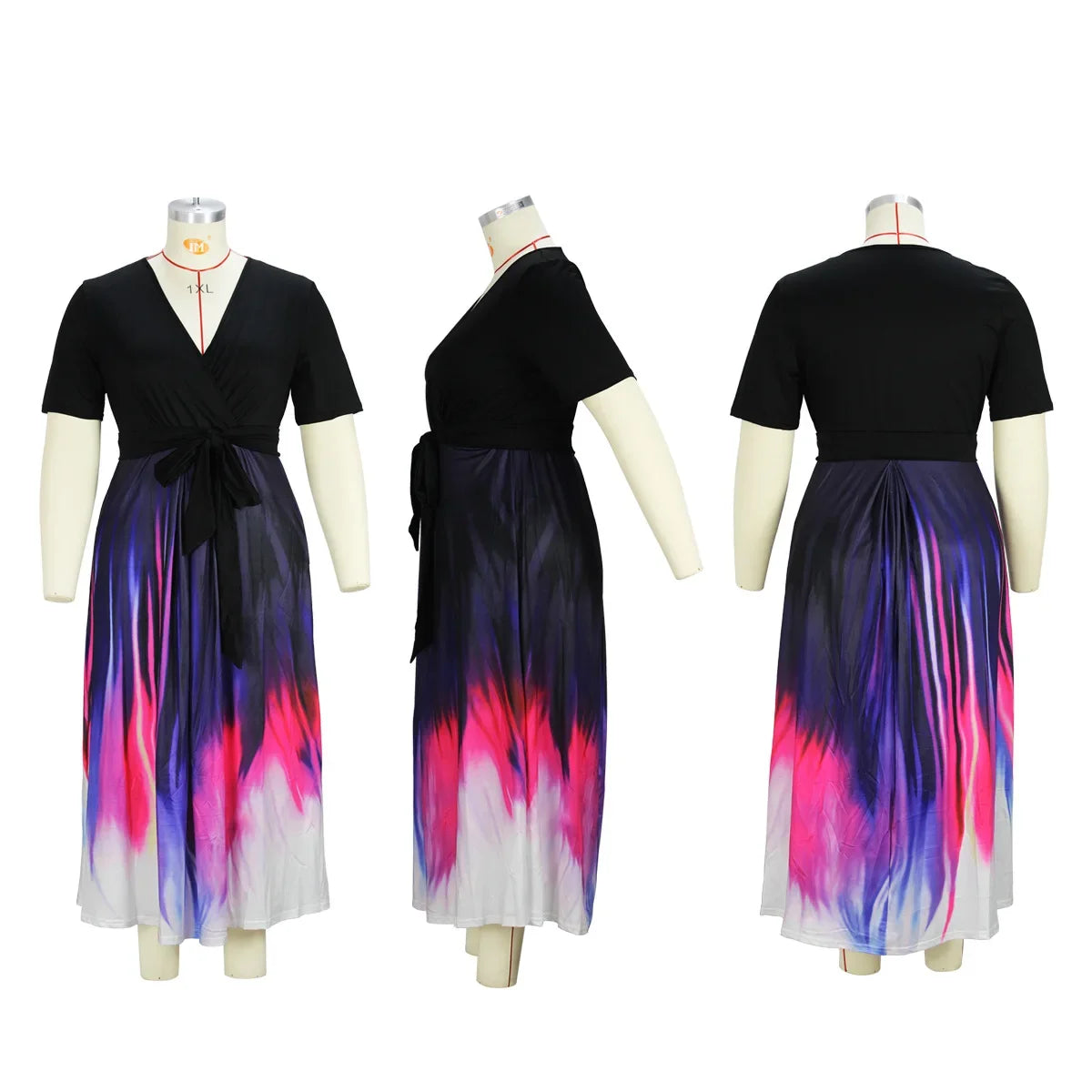 Plus Size Hot Sale Of The Season Elegant Printed Slim Fit Midi Dress with Belt Large Size Splice Long Dress Sexy Half Sleeve ...