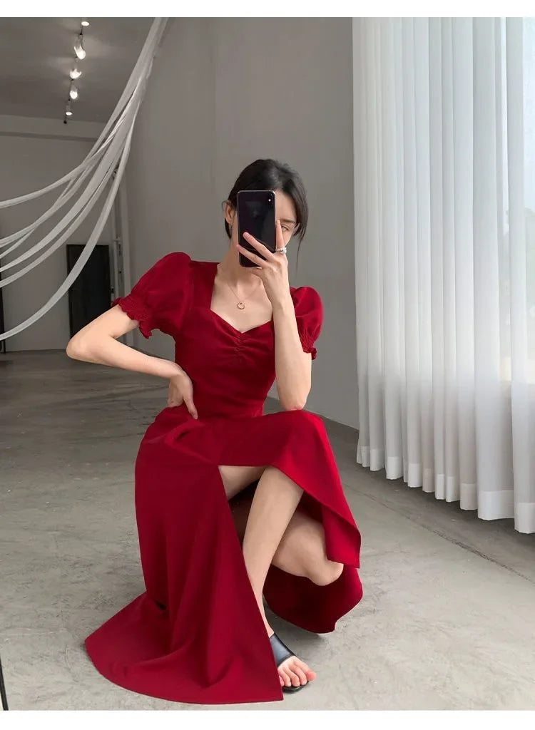 Sweet Vintage French Style Women's Long Dress Summer Hot Sale Of The Season New Bubble Sleeve Square Collar A- Line Split Skirt