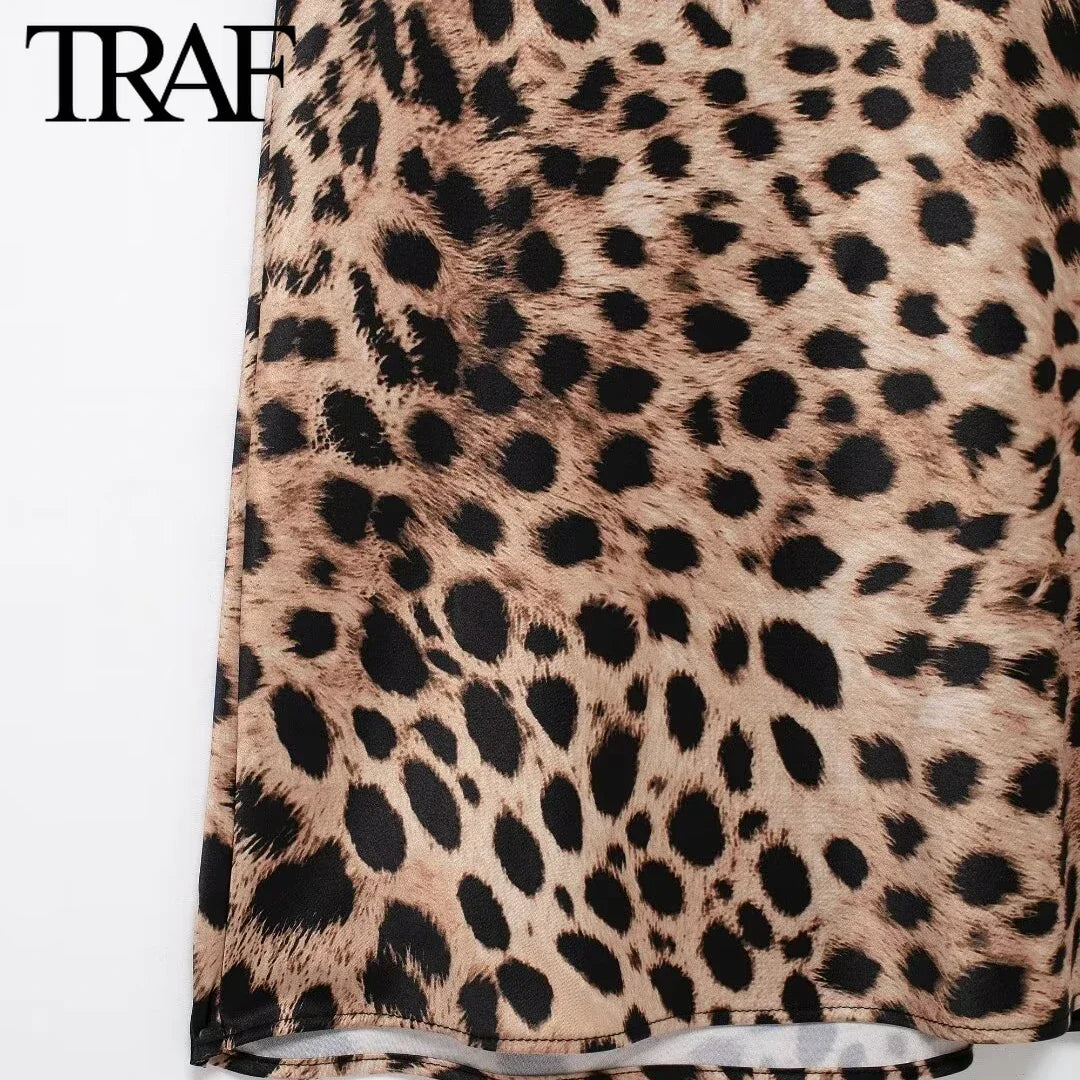 TRAF Women Fashion Summer New Underwear Backless Satin Texture Leopard Print Long Dress Chic Female French Elegance Evening
