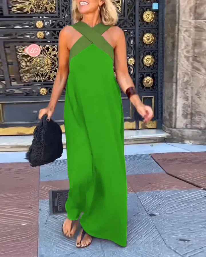 Summer Casual Loose Beach Dresses Fashion Off Shoulder Multi-color Holiday Dress 2025 New Women Halter Color Blocked Long Dress