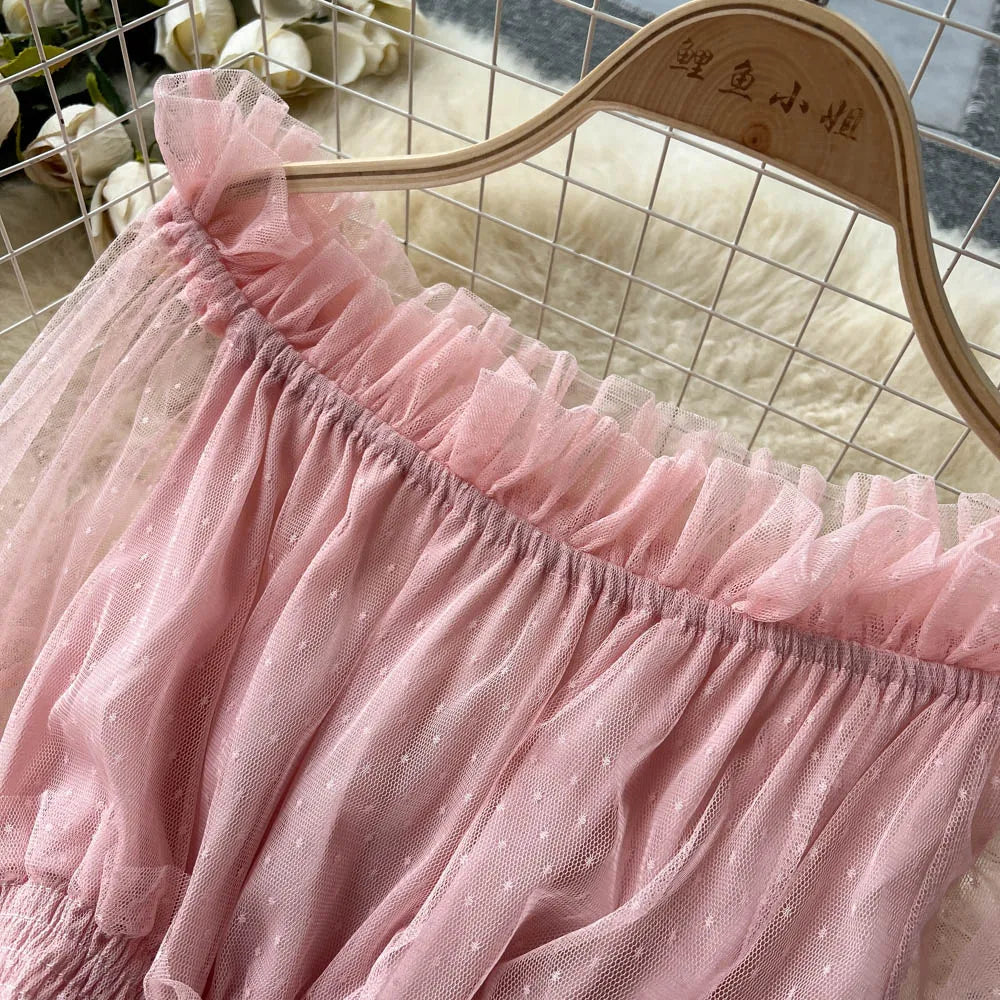 SINGREINY Mesh Party Long Dress Women Ruffle Long Sleeve Slash Neck Elastic Waist French Ladies Summer Elegant A Line Dresses