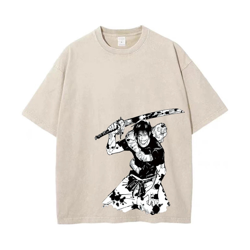 Men Streetwear Washed Apricot White Oversized T Shirt Japanese Anime Graphic Print T-Shirt Summer Cotton Short Sleeve Tees