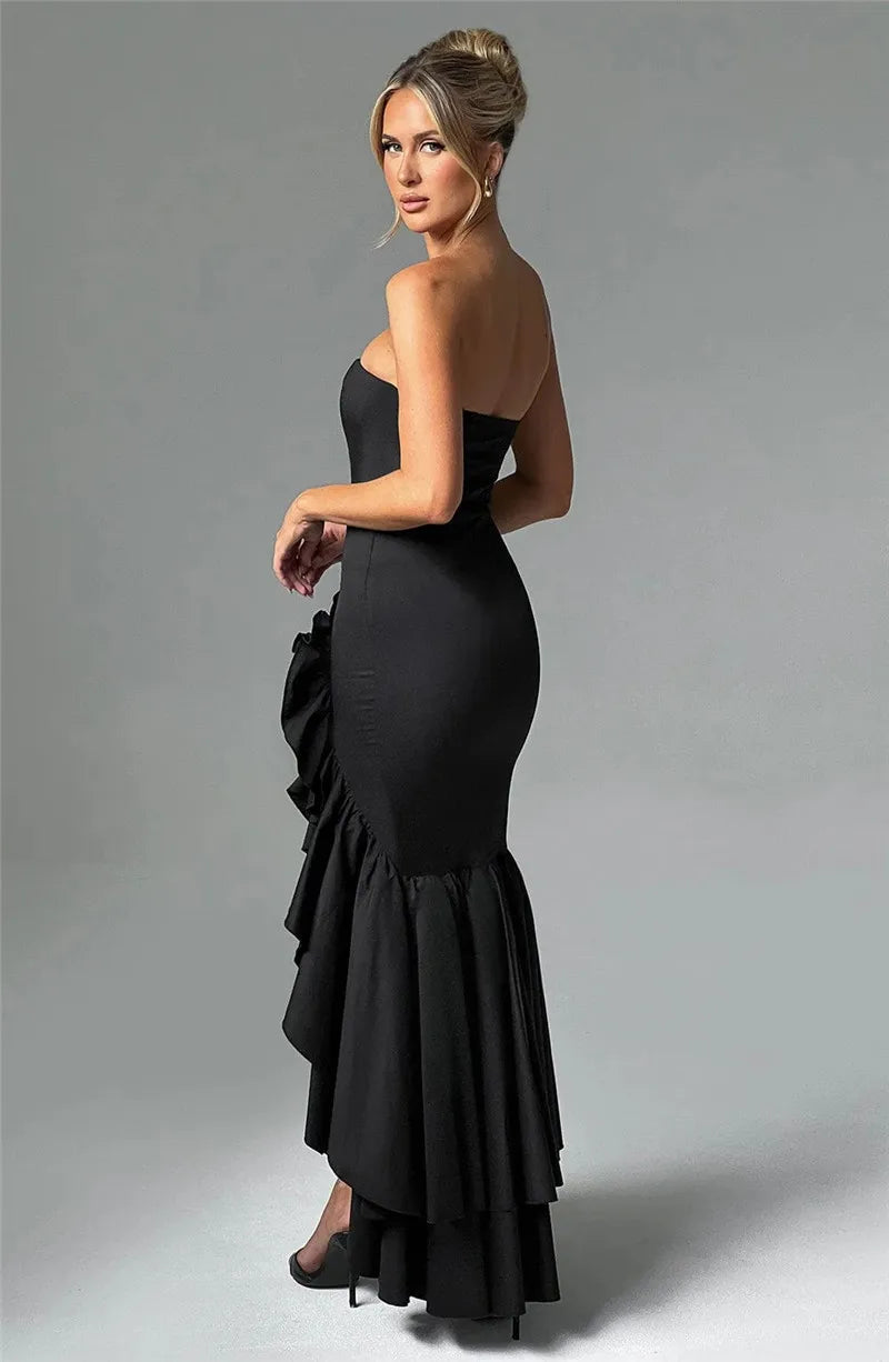 Mozision Strapless High Split Ruffle Long Dress For Women Fashion Off-shoulder Backless Sleeveless Bodycon Club Party Sexy Dress