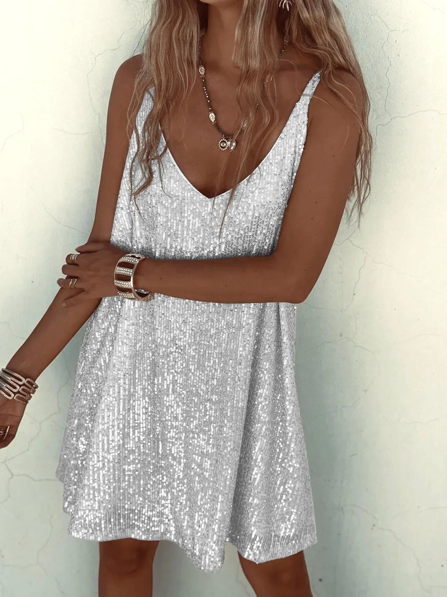 Summer New Women's Fashionable Sexy Tank Dress Solid Color Loose-Fit Long Dress With Sequins V-Neck Fashion Accessories