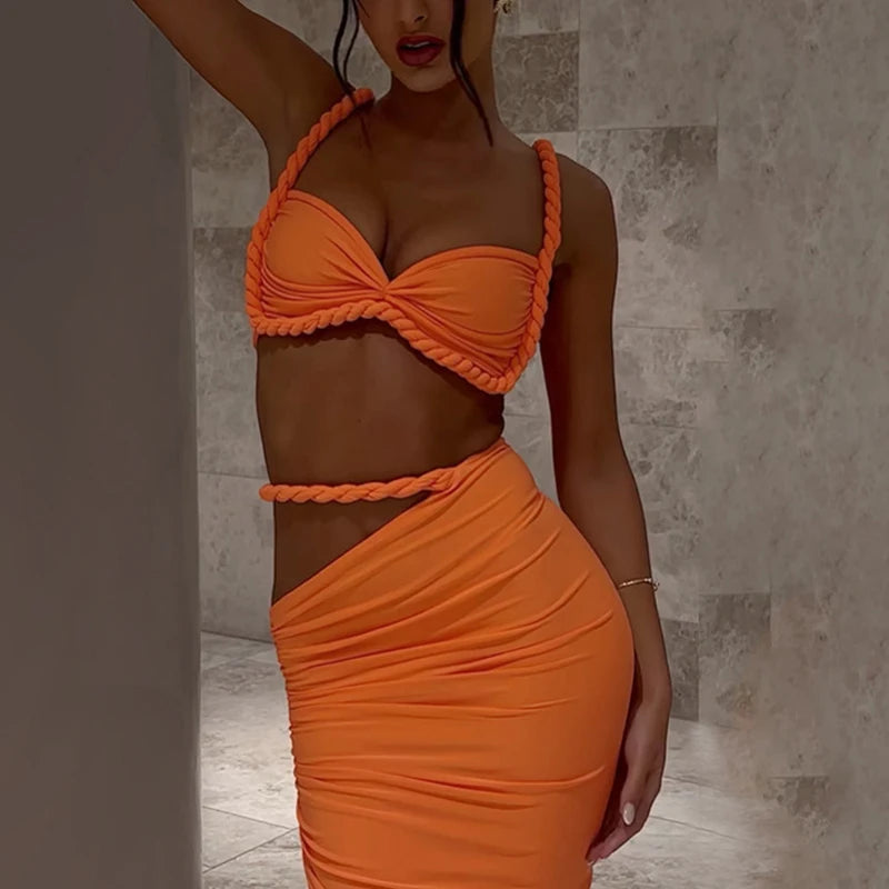 Spring Summer Women's Bikini Set 2 Piece High Waist Wrap Swimsuit Halter Wrap Swim Skirts + Suspender Bra Bathing Suit Beachwear
