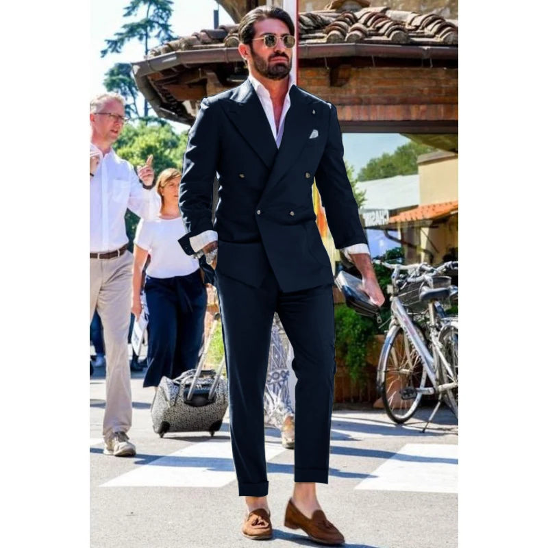 Men's Suit Two-piece Solid Color Double Breasted Fashion Spike Lapel Slim Fit Cropped Pants Casual Business Party Suits 2023
