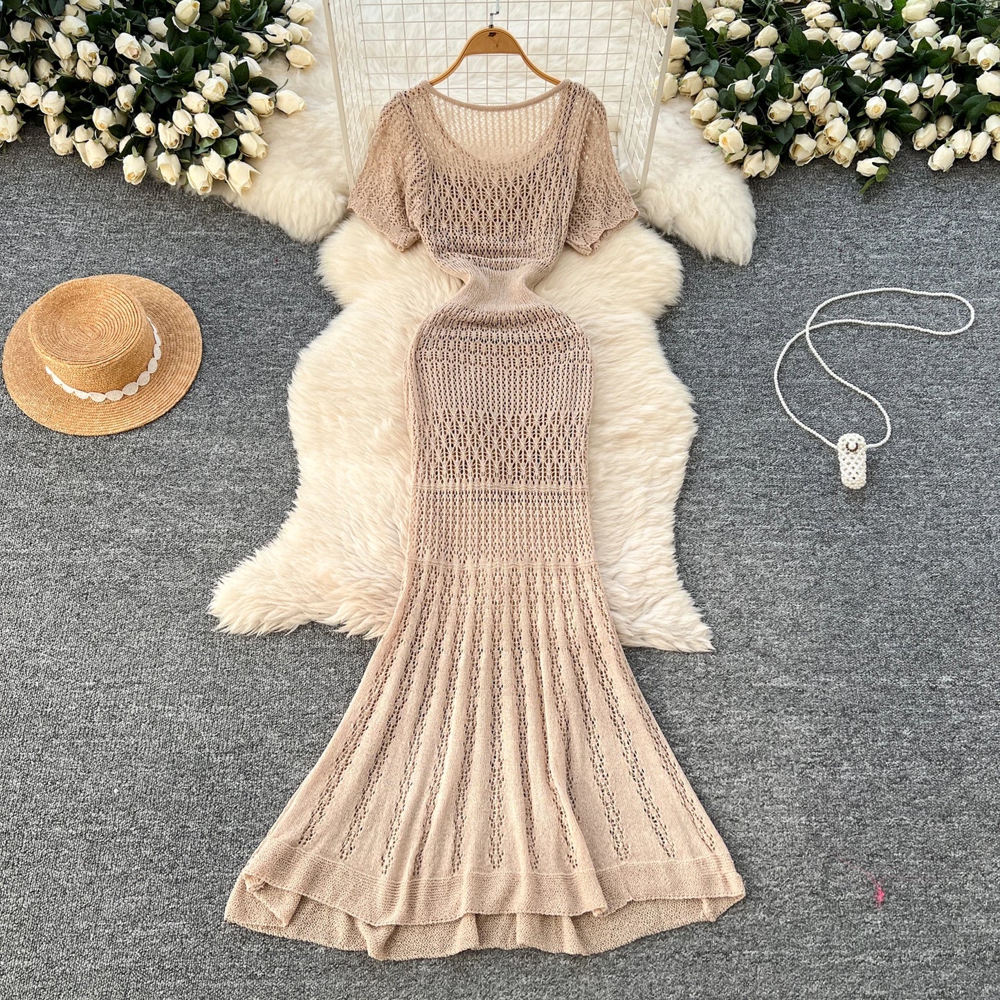 SINGREINY Vacation Style Casual Dress Suits Solid Strap Short Sundress+Knitting Hollow Out Long Dress Korean Women Beach Sets