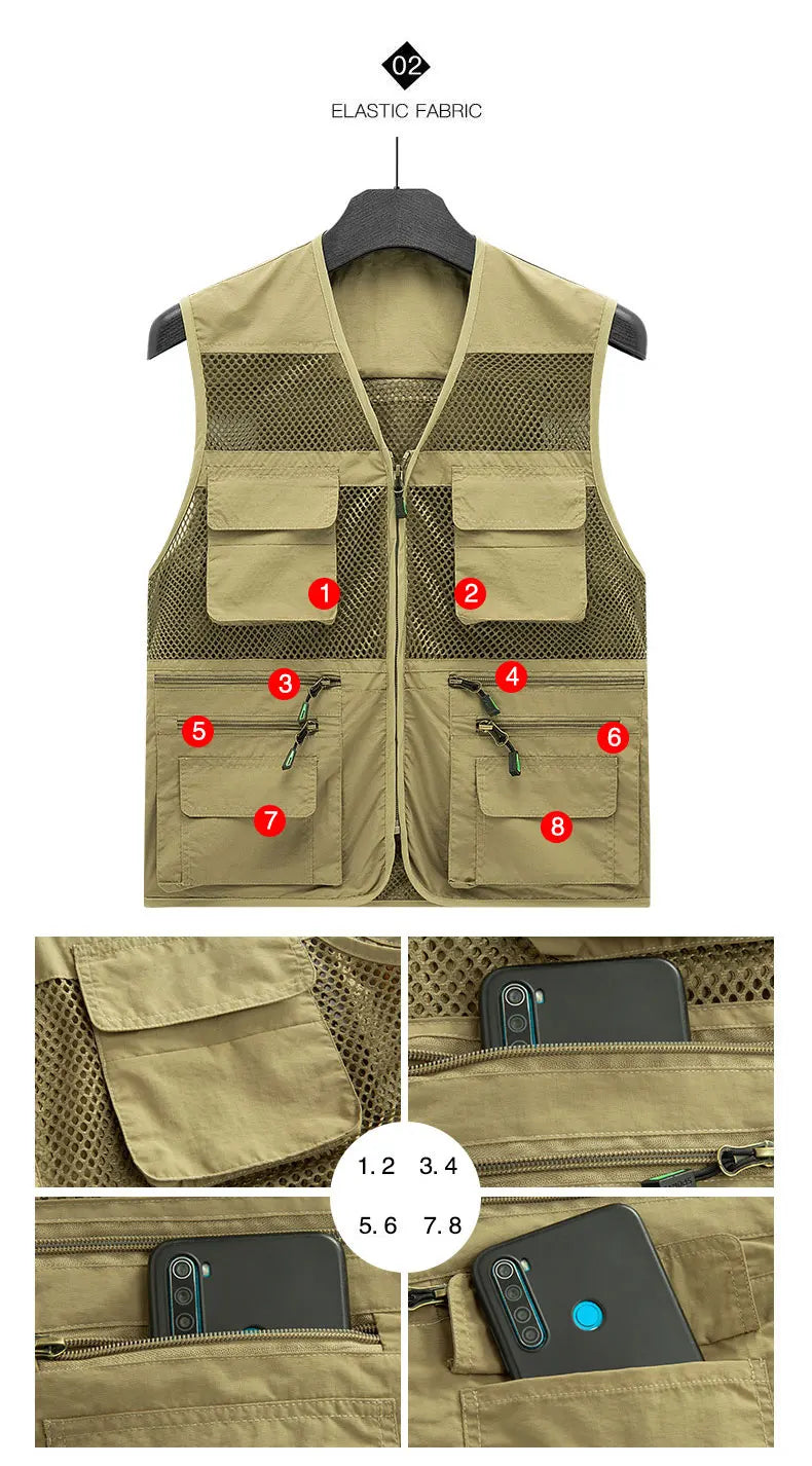 Summer Thin Mesh Vest Outdoor Sportsfor Jackets Bigsize Bomber Sleeveless Vest Casual Tactical Work Wear Camping Fishing Vests