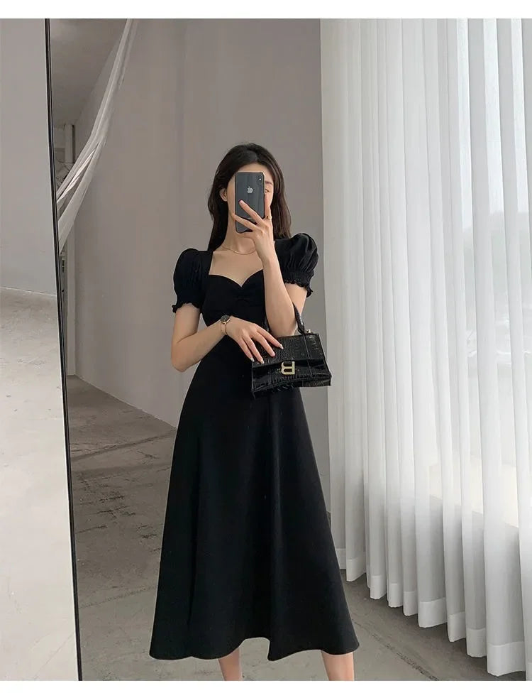 Sweet Vintage French Style Women's Long Dress Summer Hot Sale Of The Season New Bubble Sleeve Square Collar A- Line Split Skirt