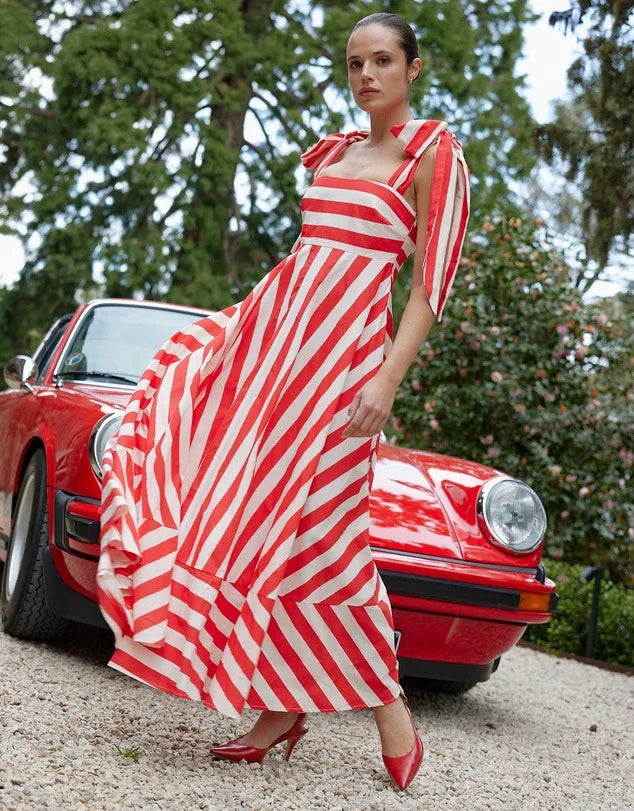 2024 Summer New Stripe Print Spaghetti Strap Dresses For Women Fashion Elegant Lady Bowknot Shoulder Strap Long Dress Vestidos