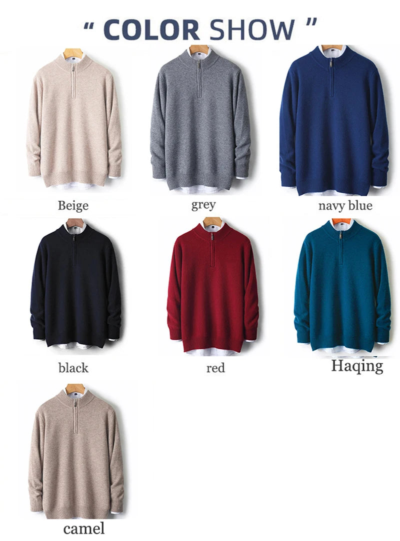 100% Soft Cashmere Men's Clothing Sweater Half-High Zipper Pullover Autumn Winter Warm Basic Knitted Jumper Pull Homme