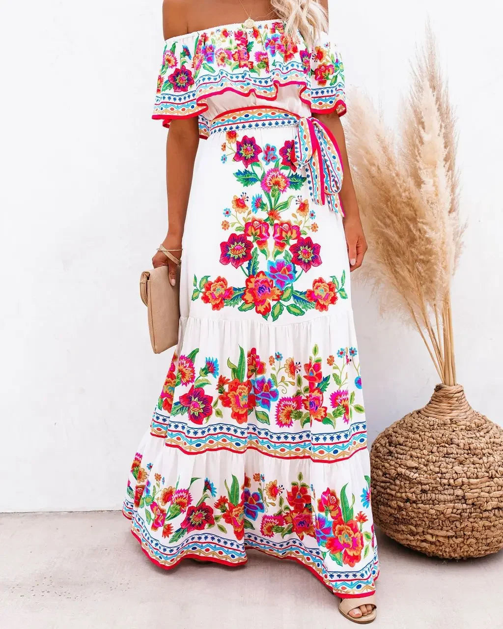 2024 Spring Summer New Independent Stand Amazon Off-shoulder Red Flower Printing Long Dress Oversized Wide Hemline Sleeveless