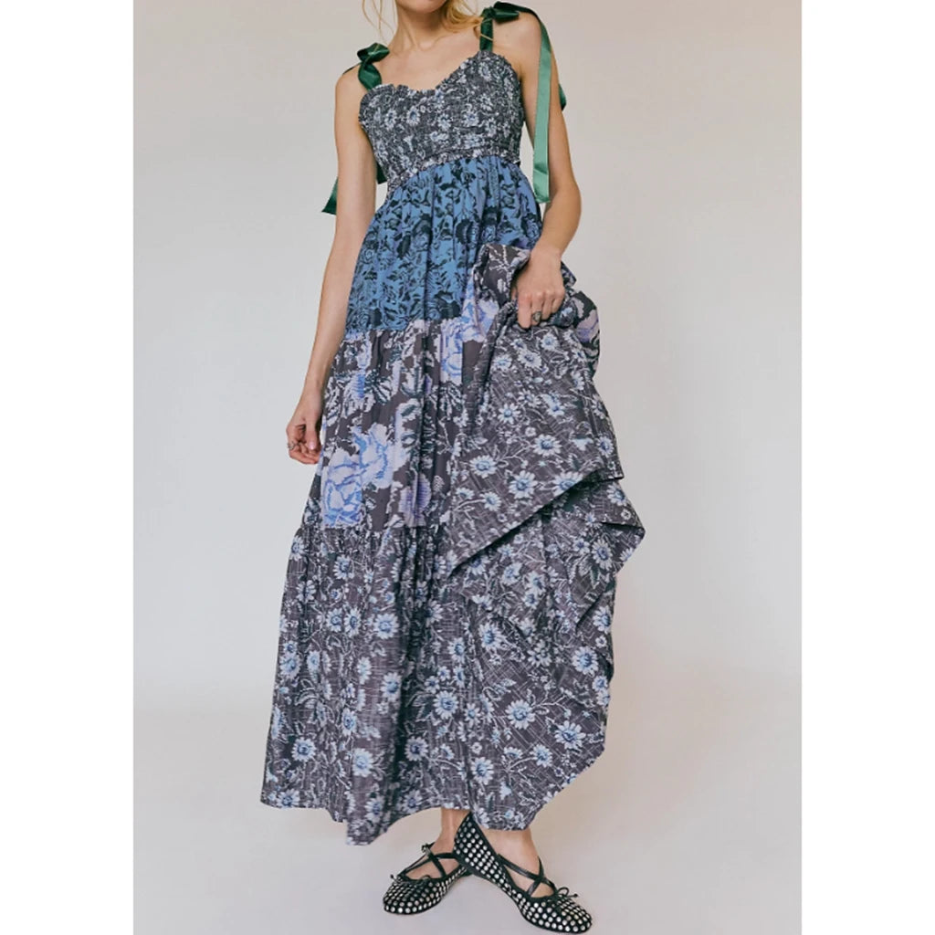 Combhasaki Women's Y2K Vintage Floral Print Ribbon Tie-Up Shoulder Straps Sleeveless V-Neck Summer Big Swing A-line Long Dress