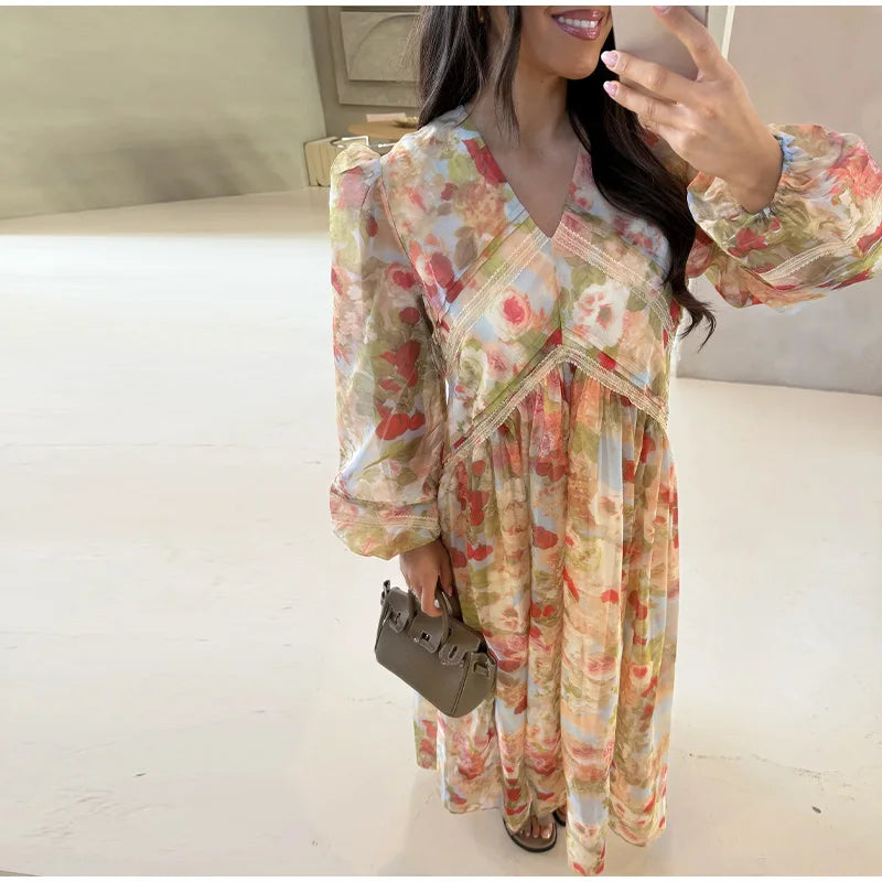 Fashion Print V-neck Women's Maxi Dresses Elegant Pleated Long Sleeve Loose Long Dress Female Summer Chic Casual Holiday Party