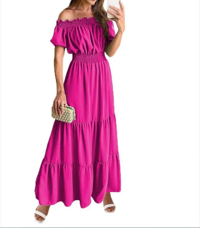 Women's Dress One-line Collar Spring And Summer Short-sleeved New Green Long Dress Fashion Casual Loose Beach Party Dresses Robe