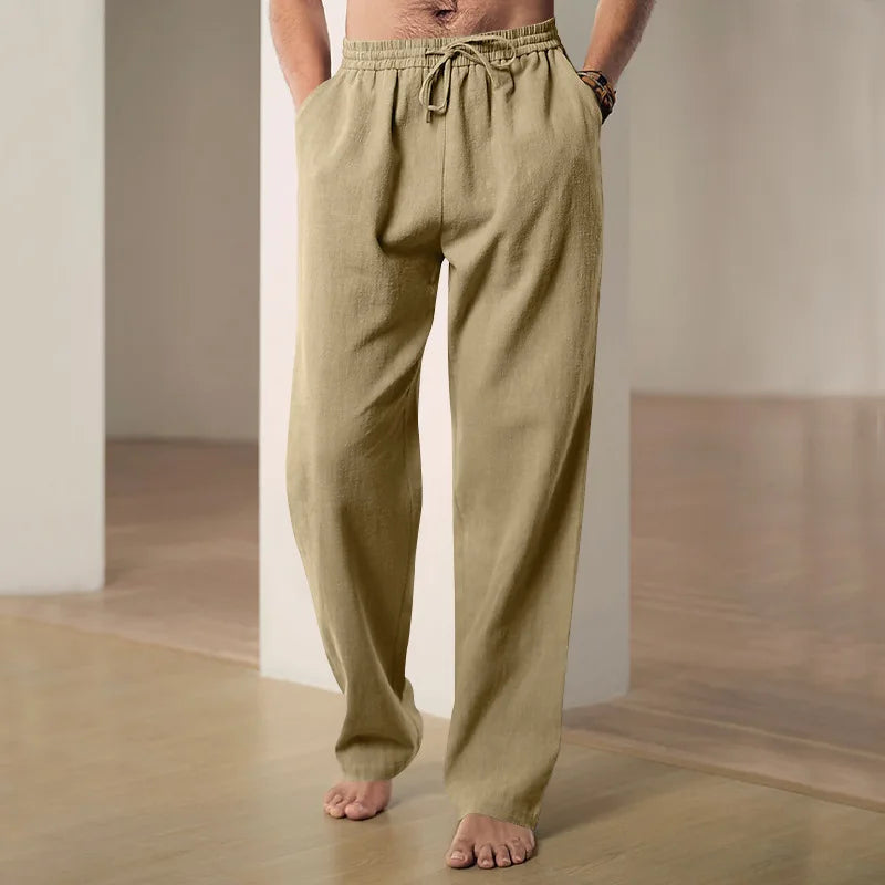 Men's summer cotton and linen loose straight wide-leg pants, casual sports linen long pants, jogging and fitness sportswear