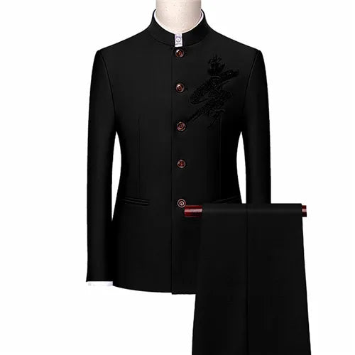 White Men's Stand Collar Chinese Style Slim Fit Two Piece Suit Set / Men Zhong Shan Blazer Jacket Coat Pants Trousers 2 Pcs 7XL