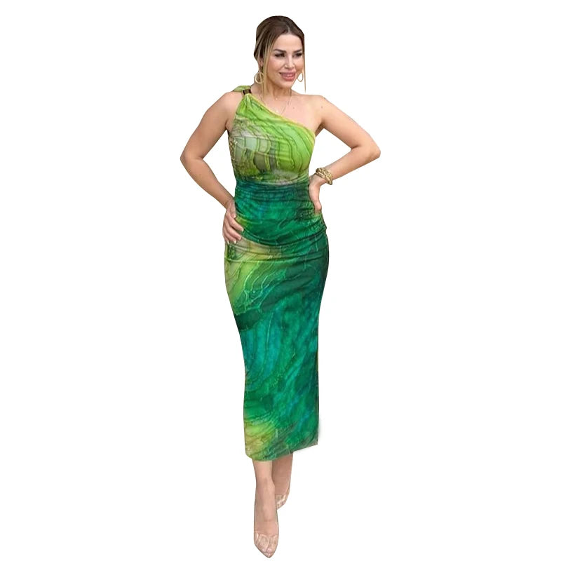 CUTENOVA Sexy Slash Collar Gradient Print Long Dress Summer Chic One-Shoulder Backless Party Dresses Sleeveless Hollow Slim Fit