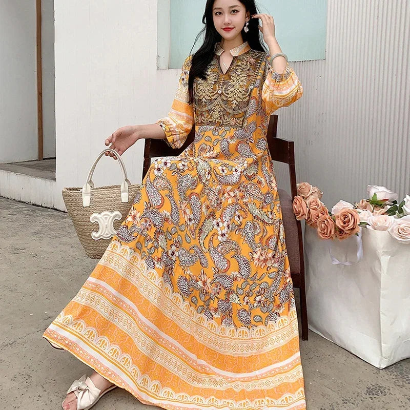 Summer Autumn Robe Maxi Long Dress Women Indian Clothes Boho Cotton Print Floral Boho Korean Style Fashion Casual Vestido Largos